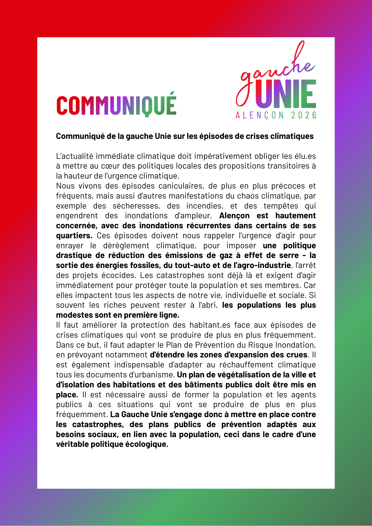 Communiqué sur les épisodes de crises climatiques